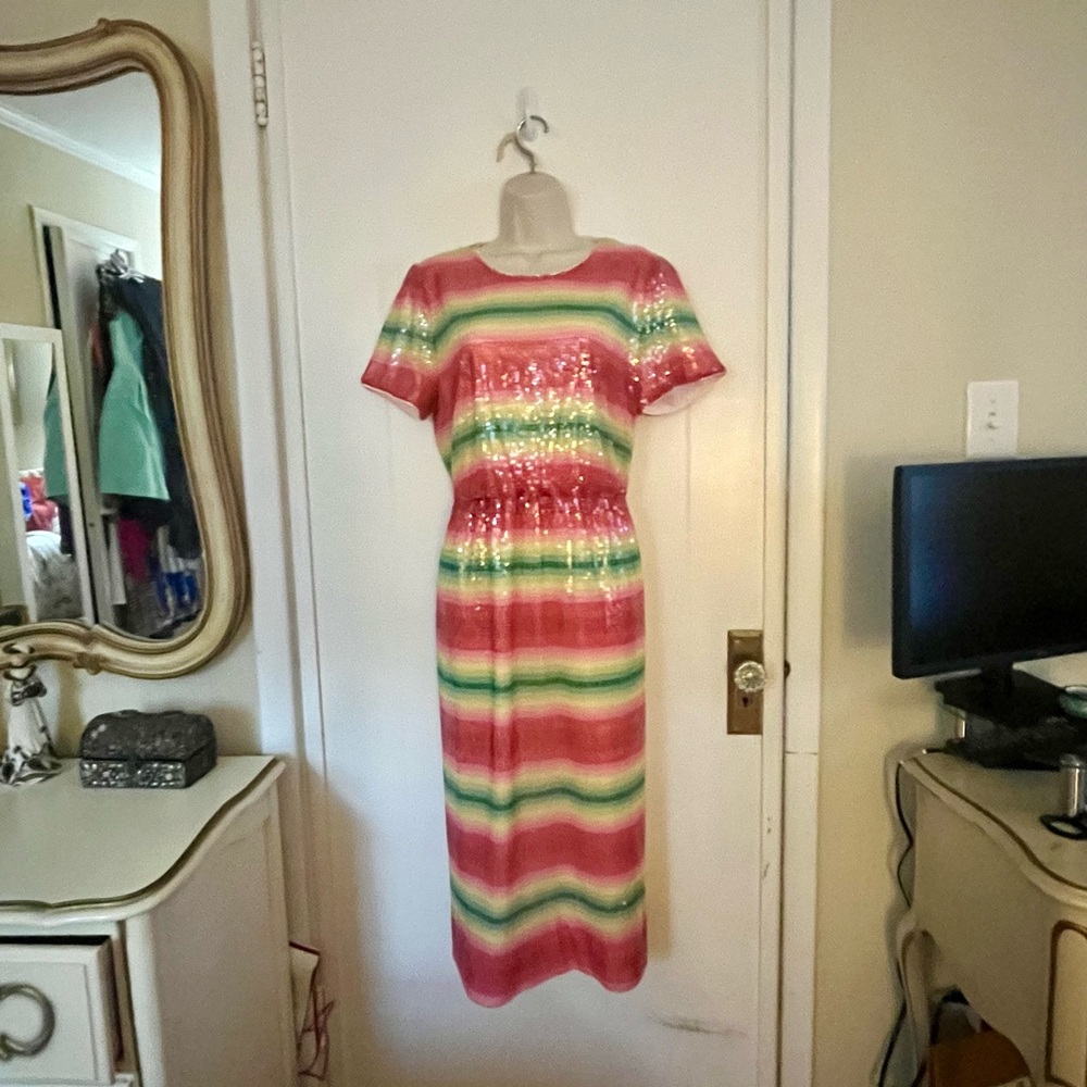 NWT | J. Crew Watermelon Stripe All-Over Sequin Short Sleeve Midi Dress!!